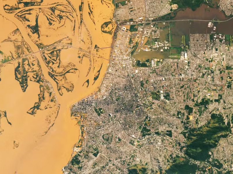 Satélite da NASA captura imagens da inundação que atingiu Porto Alegre