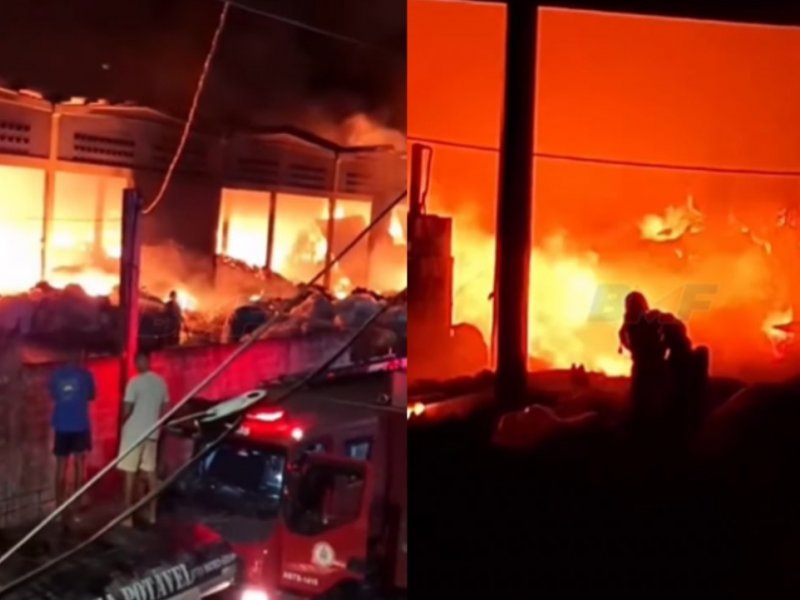 Incêndio de grandes proporções atinge galpão de reciclagem em Camaçari