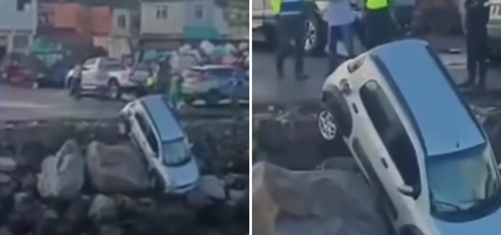 Carro fica pendurado e quase cai no mar na Feira de São Joaquim