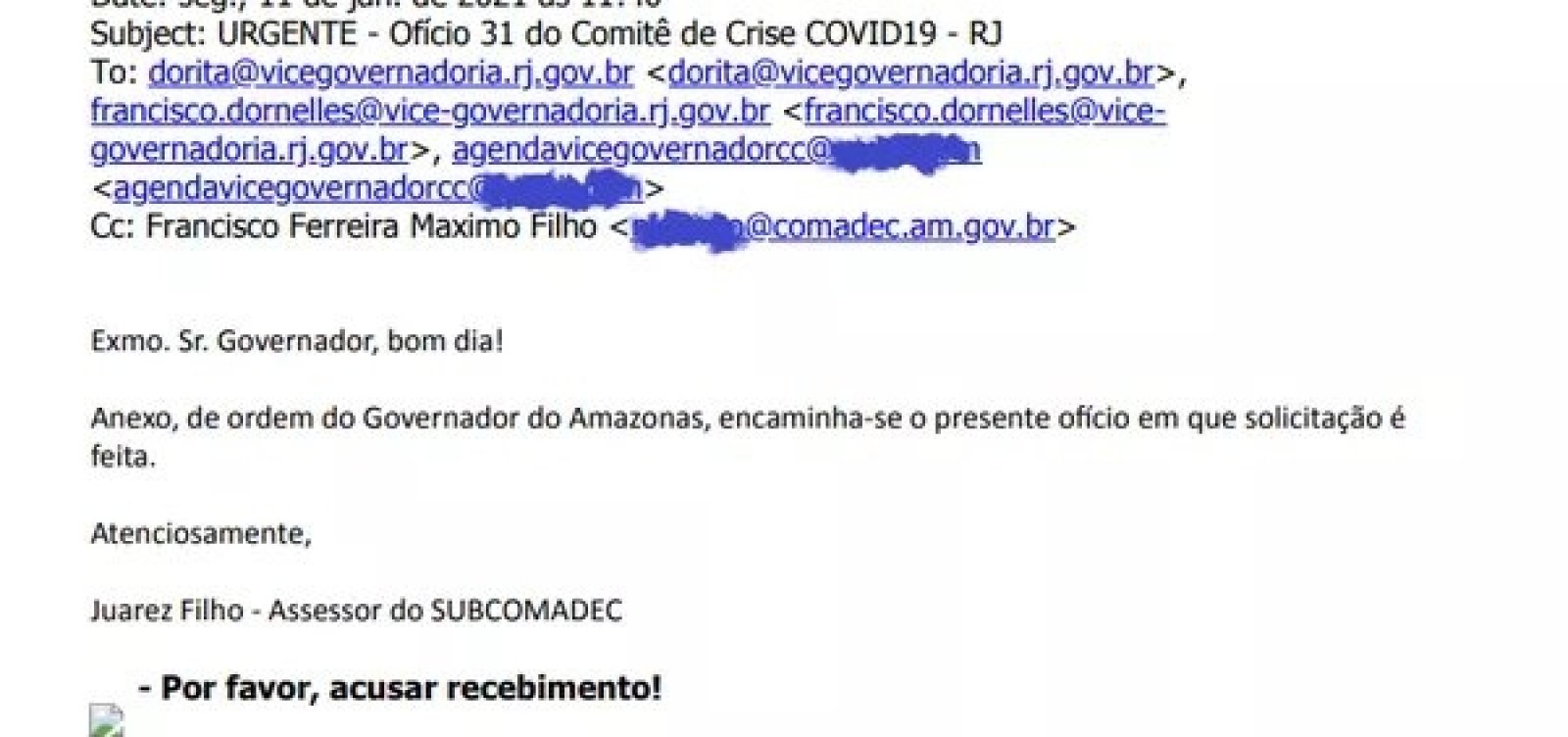 Pedido de oxigênio feito pelo governo do Amazonas ao estado do RJ foi enviado para e-mail errado