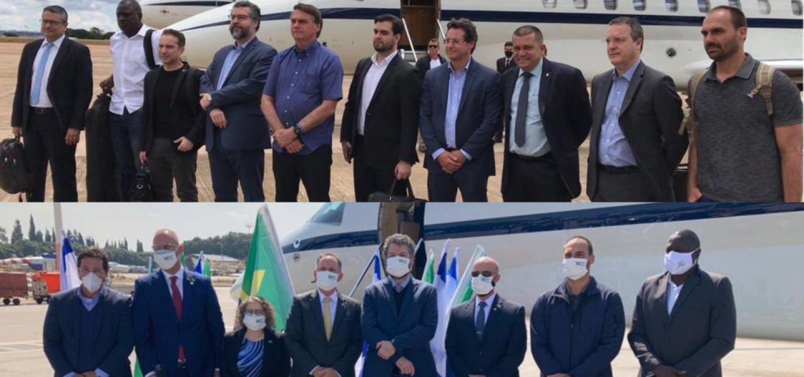 Representantes do governo embarcam a Israel sem máscaras, mas utilizam equipamentos ao chegar ao país