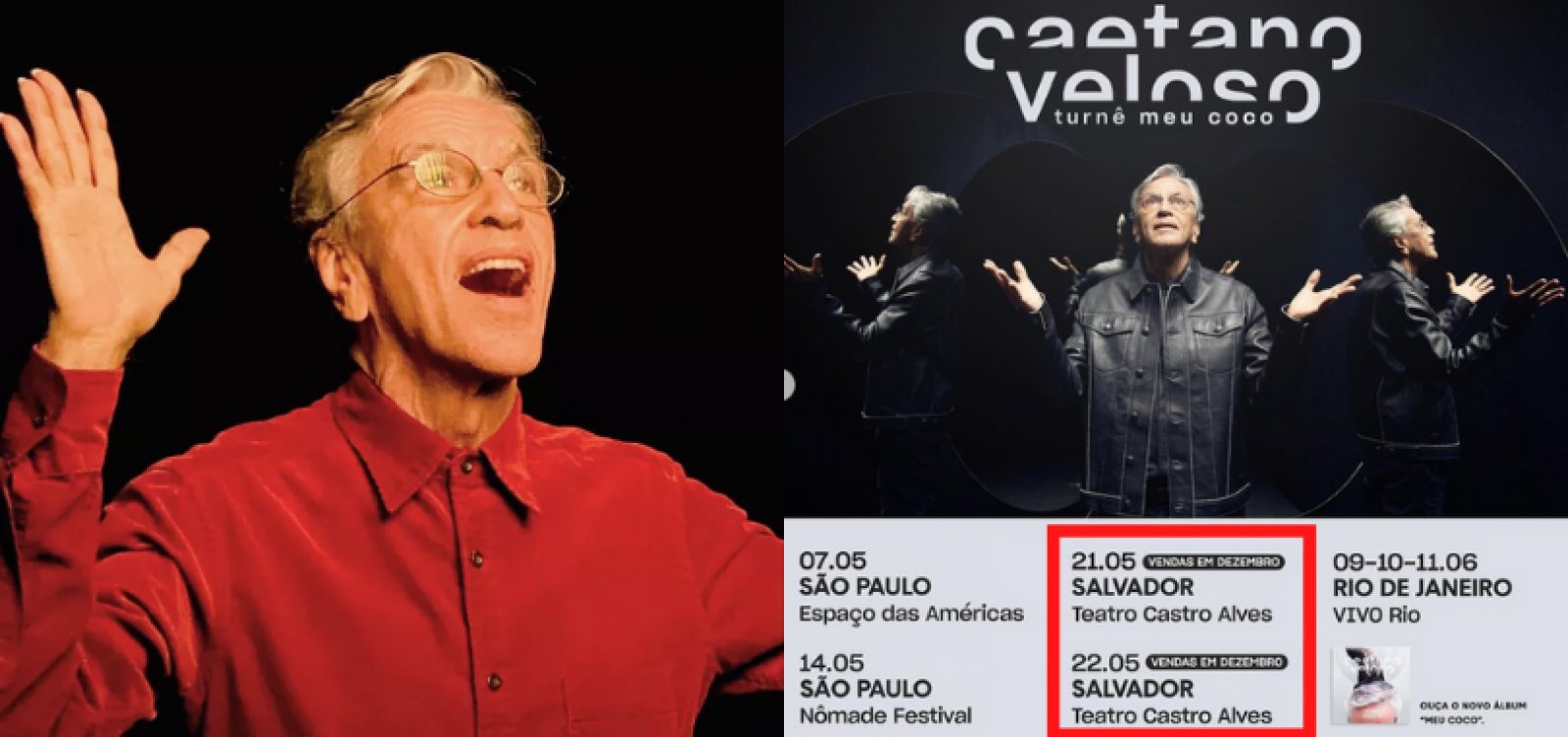 Caetano anuncia passagem por Salvador em turnê do álbum 'Meu Coco'