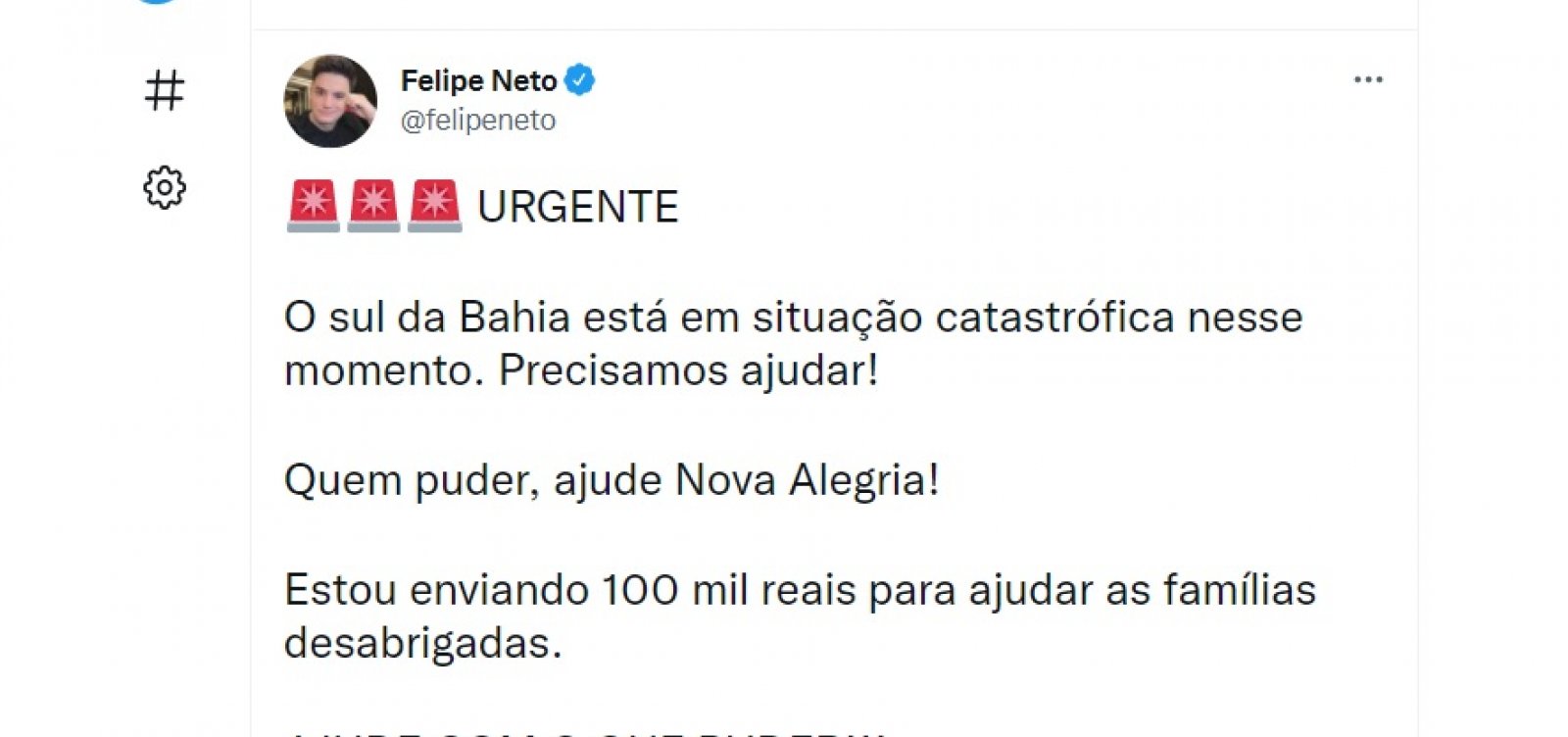 Felipe Neto pede atenção às enchentes na Bahia e anuncia doação de R$ 100 mil