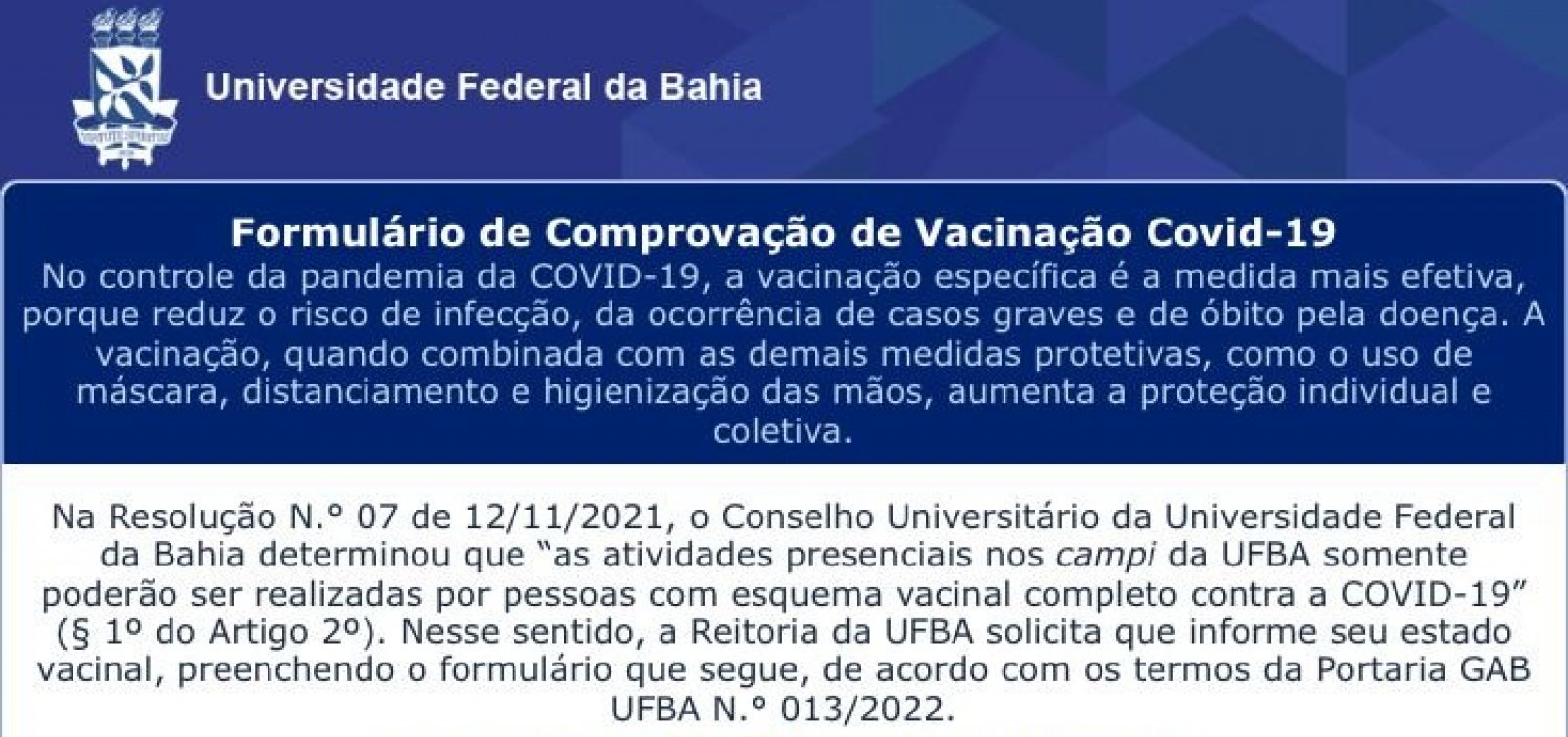 Ufba lança formulário para controlar situação vacinal de estudantes e funcionários
