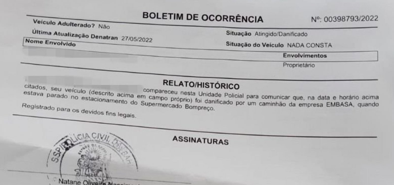 Caminhão da Embasa bate em carro, motorista foge e causa prejuízo de R$ 4 mil