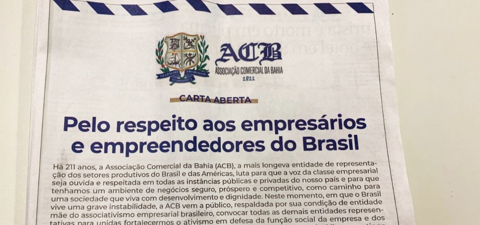 Empresários baianos pagam anúncio com críticas ao STF e em defesa de mensagens golpistas