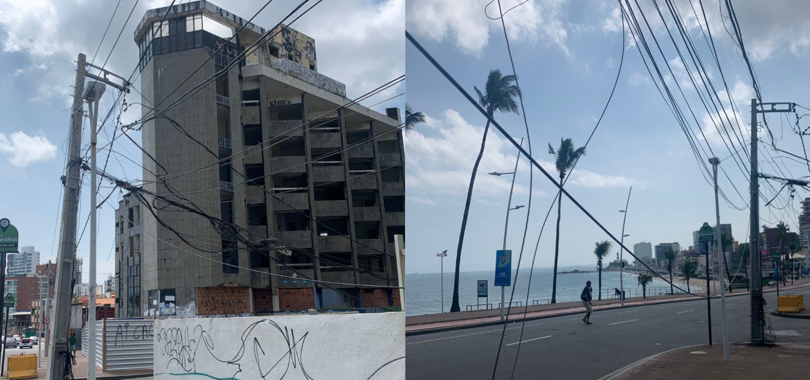 Fios de energia soltos na orla da Barra colocam pedestres em risco