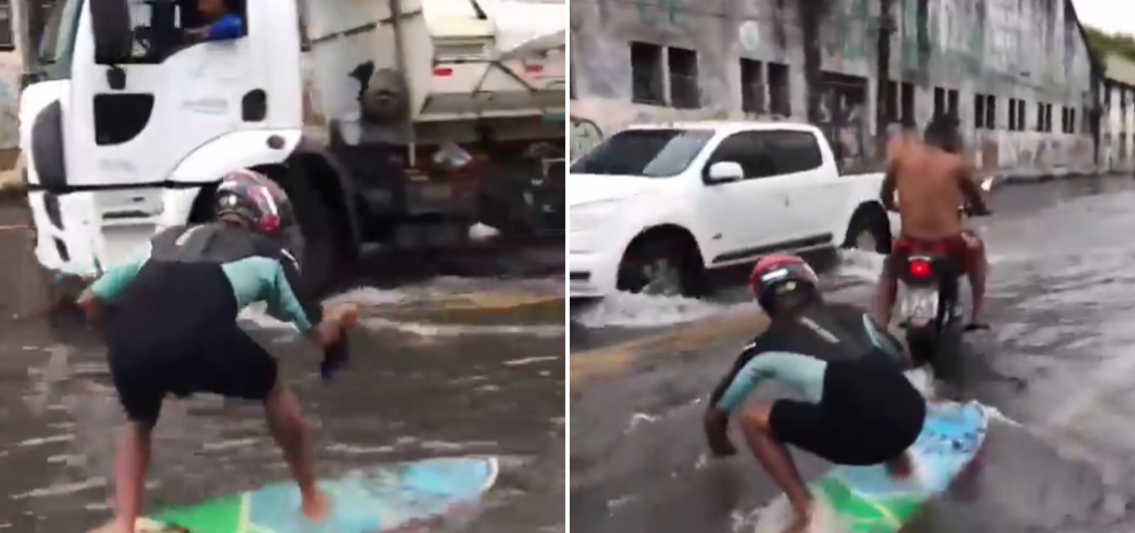 De prancha a motos aquáticas, população "se aventura" em ruas alagadas de Salvador