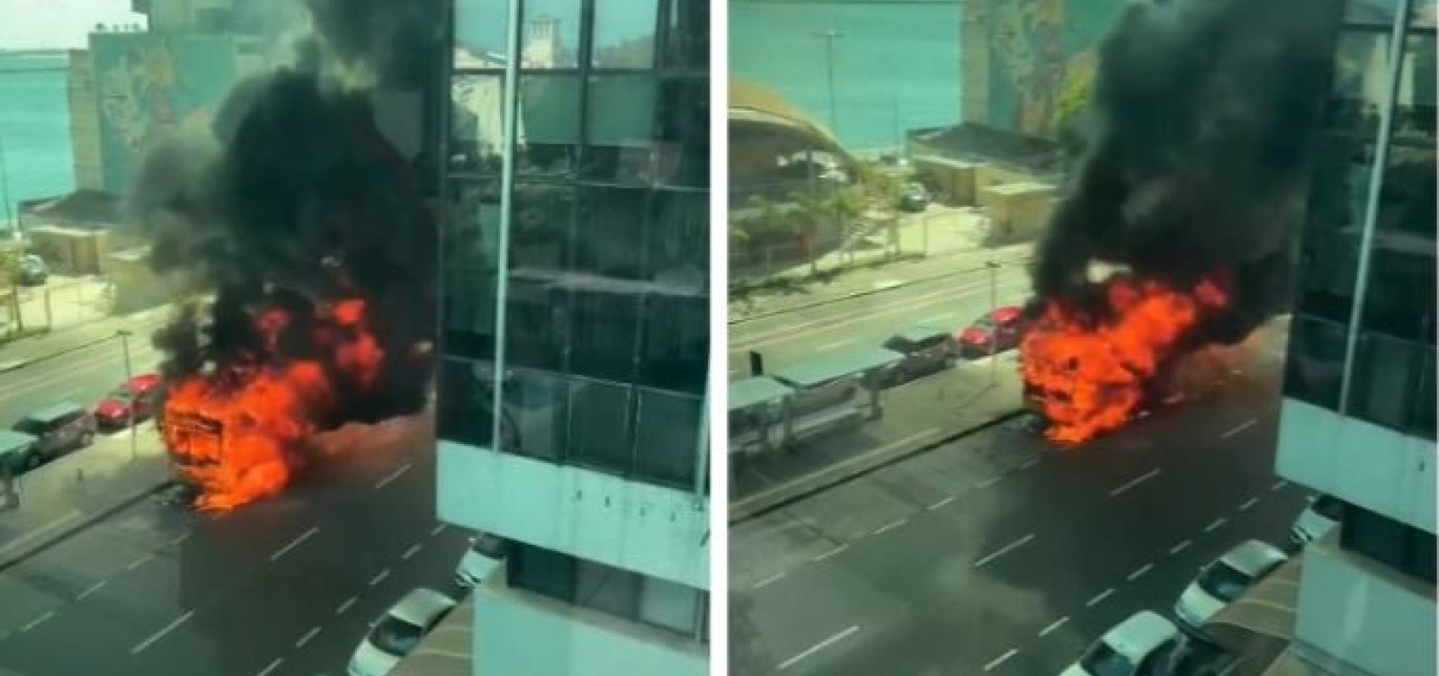 Após problemas mecânicos, ônibus pega fogo no bairro do Comércio
