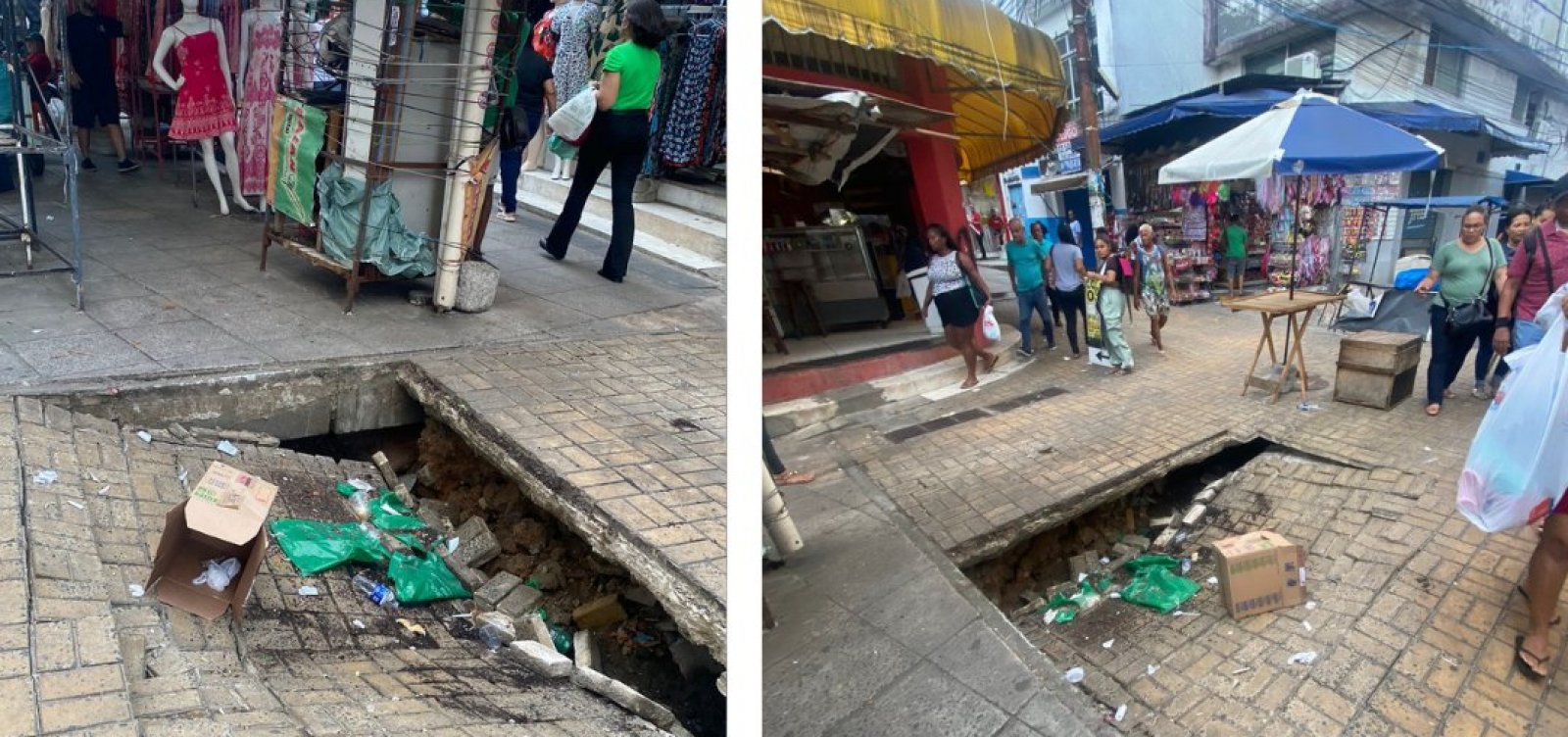 Calçada afunda e forma cratera que preocupa ambulantes no Centro de Salvador