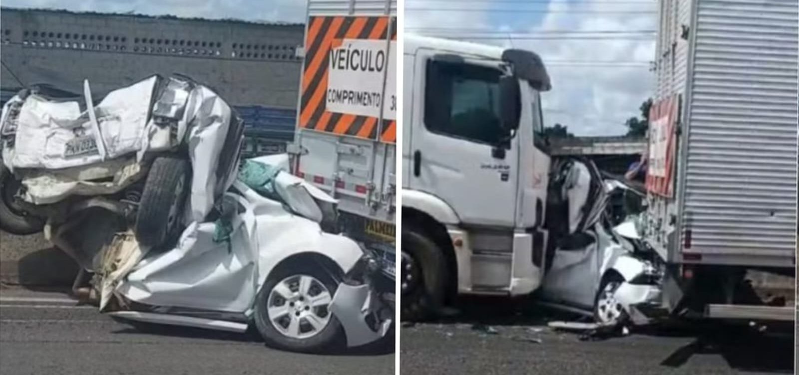Motorista escapa com vida após carro ficar prensado entre duas carretas