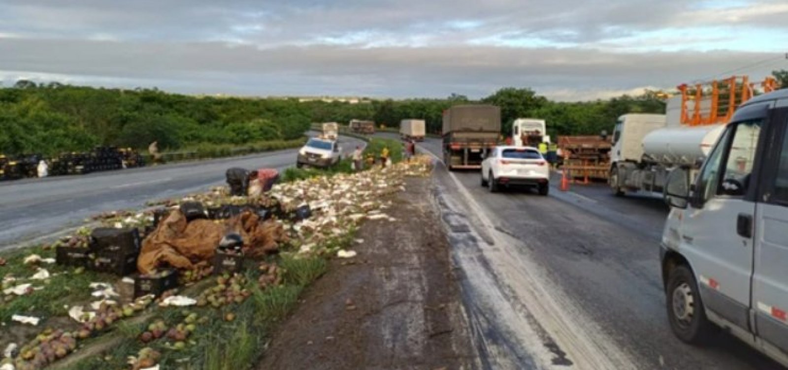 Caminhão de mangas tomba e provoca interdição parcial em BR na Bahia