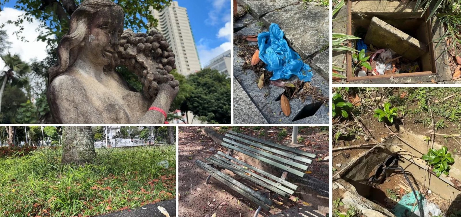 Praça do Campo Grande vive cenário de vandalismo, mato alto e estátuas depredadas