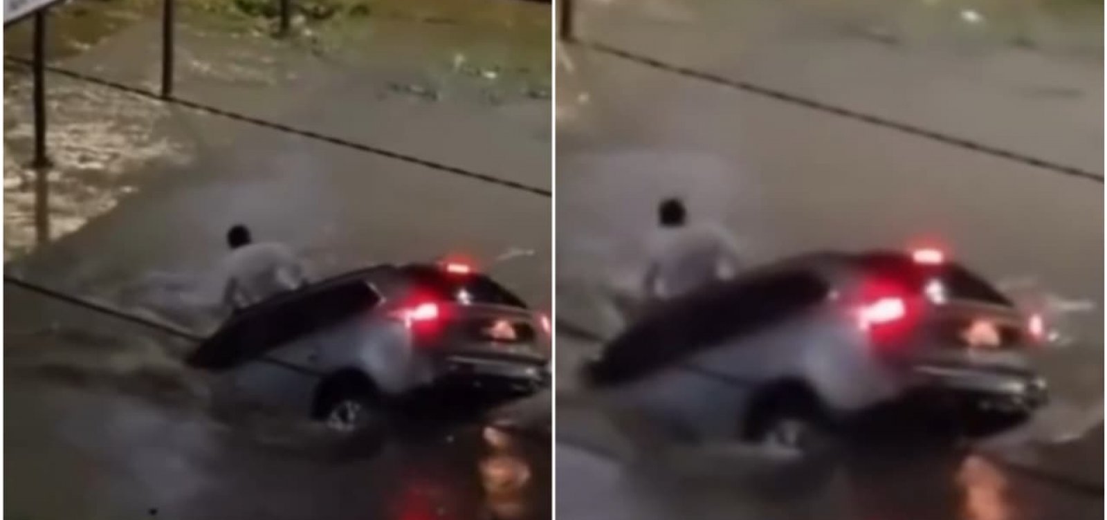 Homem sobe no teto do carro para escapar de forte correnteza no interior da Bahia