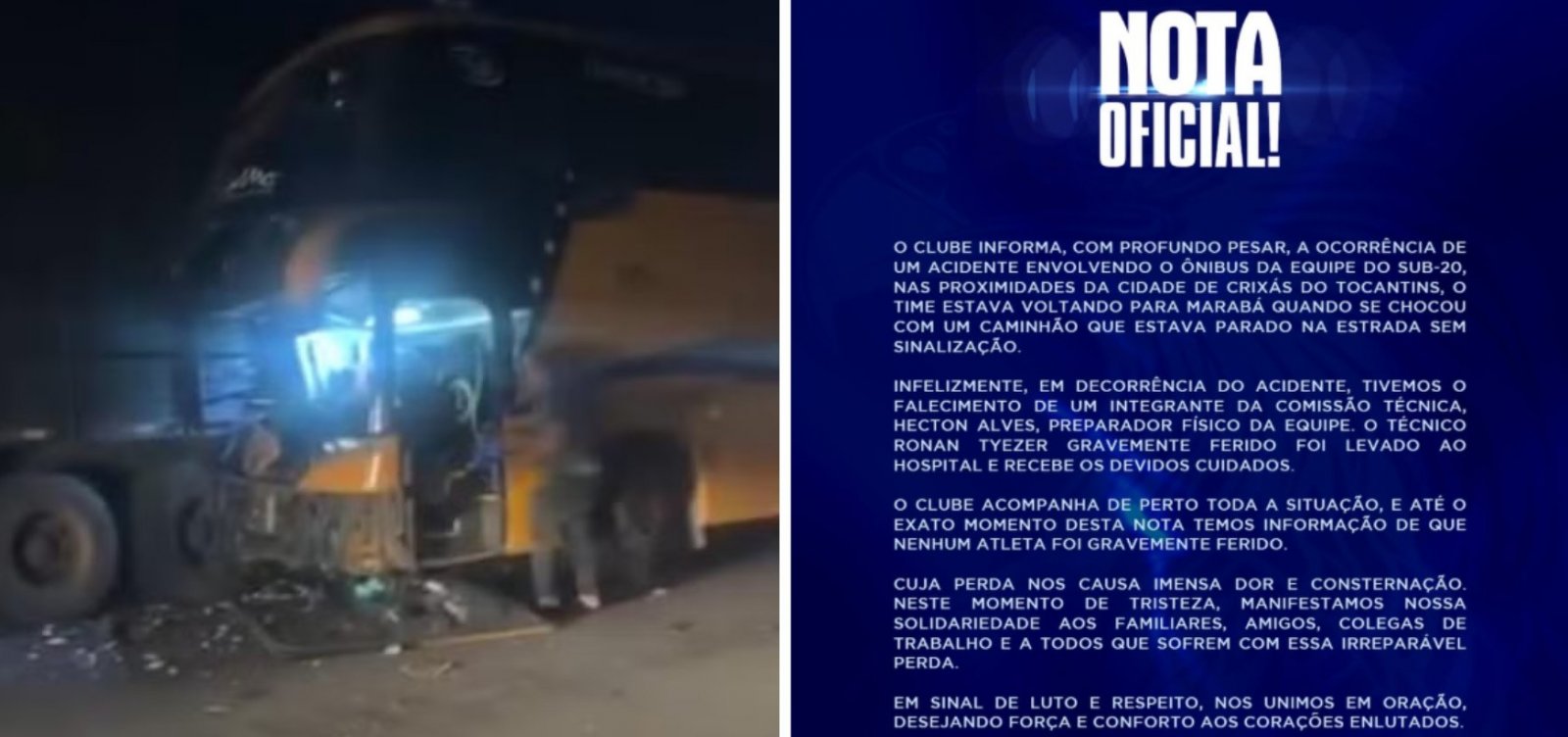 Acidente com ônibus do Águia de Marabá provoca morte de preparador físico no Tocantins