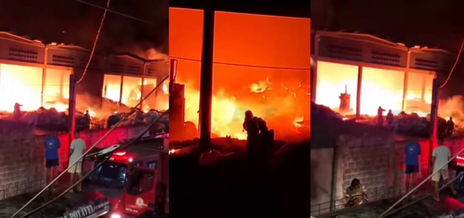Incêndio de grandes proporções atinge galpão de reciclagem em Camaçari