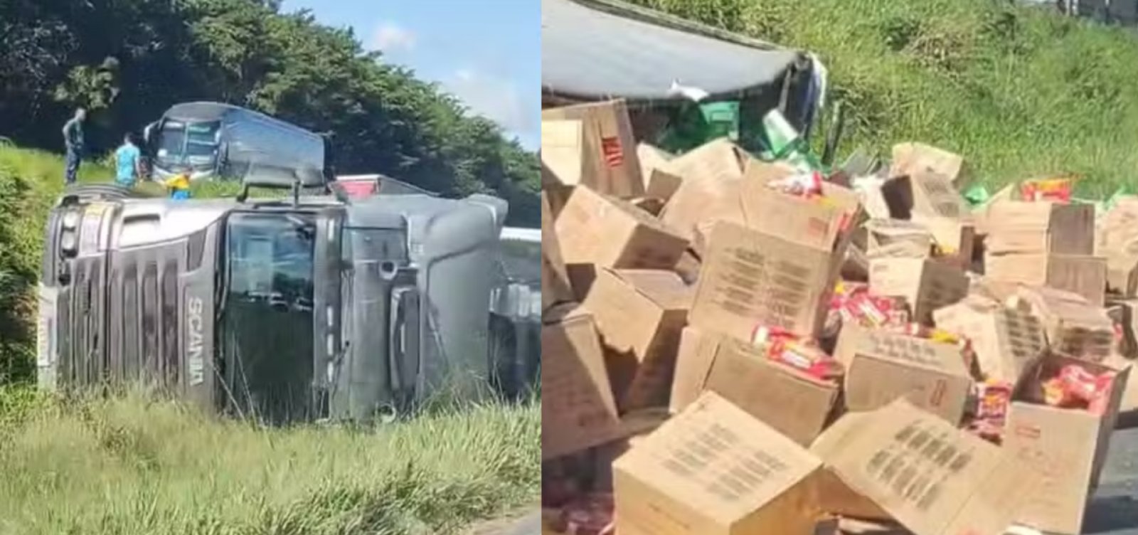 Carreta carregada com biscoitos tomba na BR-324 e carga é saqueada na Bahia