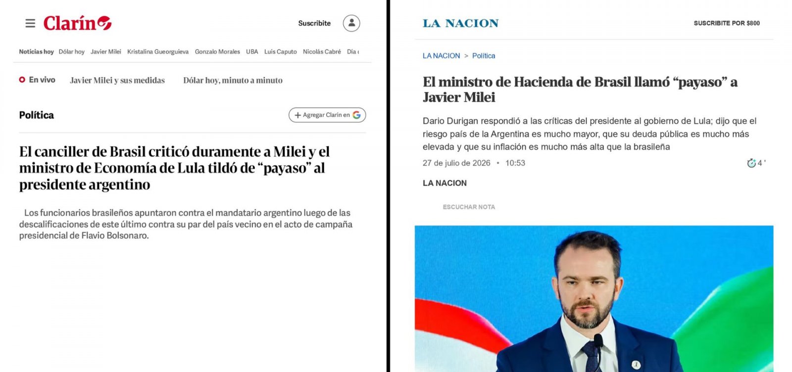 Ministro da Fazenda vira manchete em jornais argentinos após chamar Javier Milei de “palhaço”