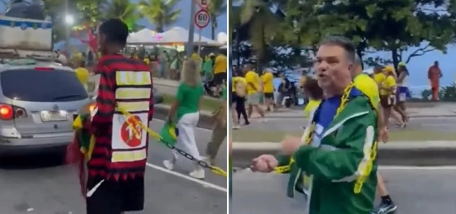 Bolsonarista conduz homem negro acorrentado e vestido de PT durante ato; veja vídeo