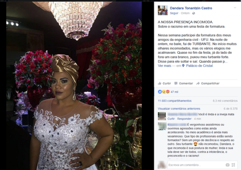 Pedagoga tem turbante arrancado por grupo de jovens em festa de Minas Gerais