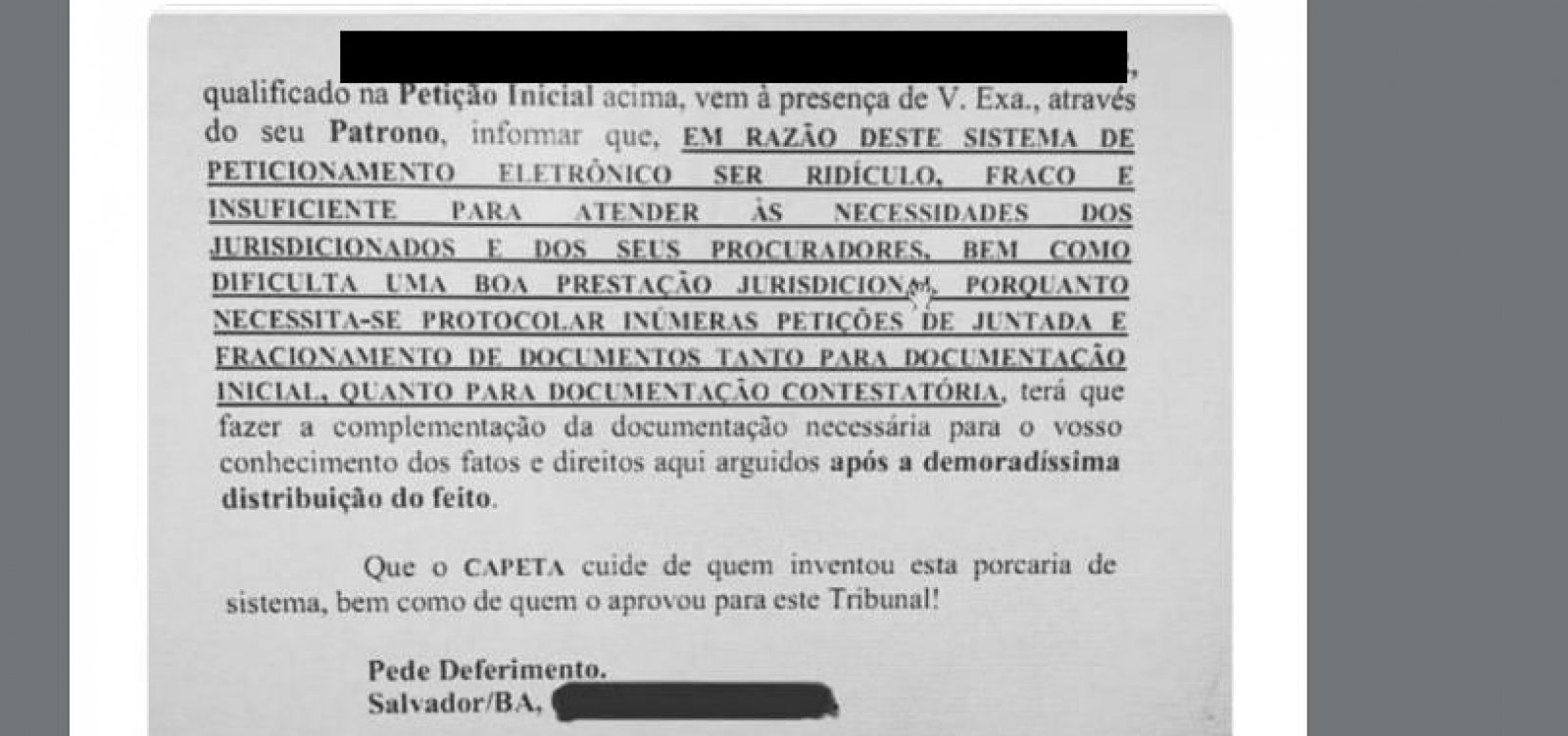 Em petição, advogado baiano pede que 'capeta' cuide de quem aprovou PJE