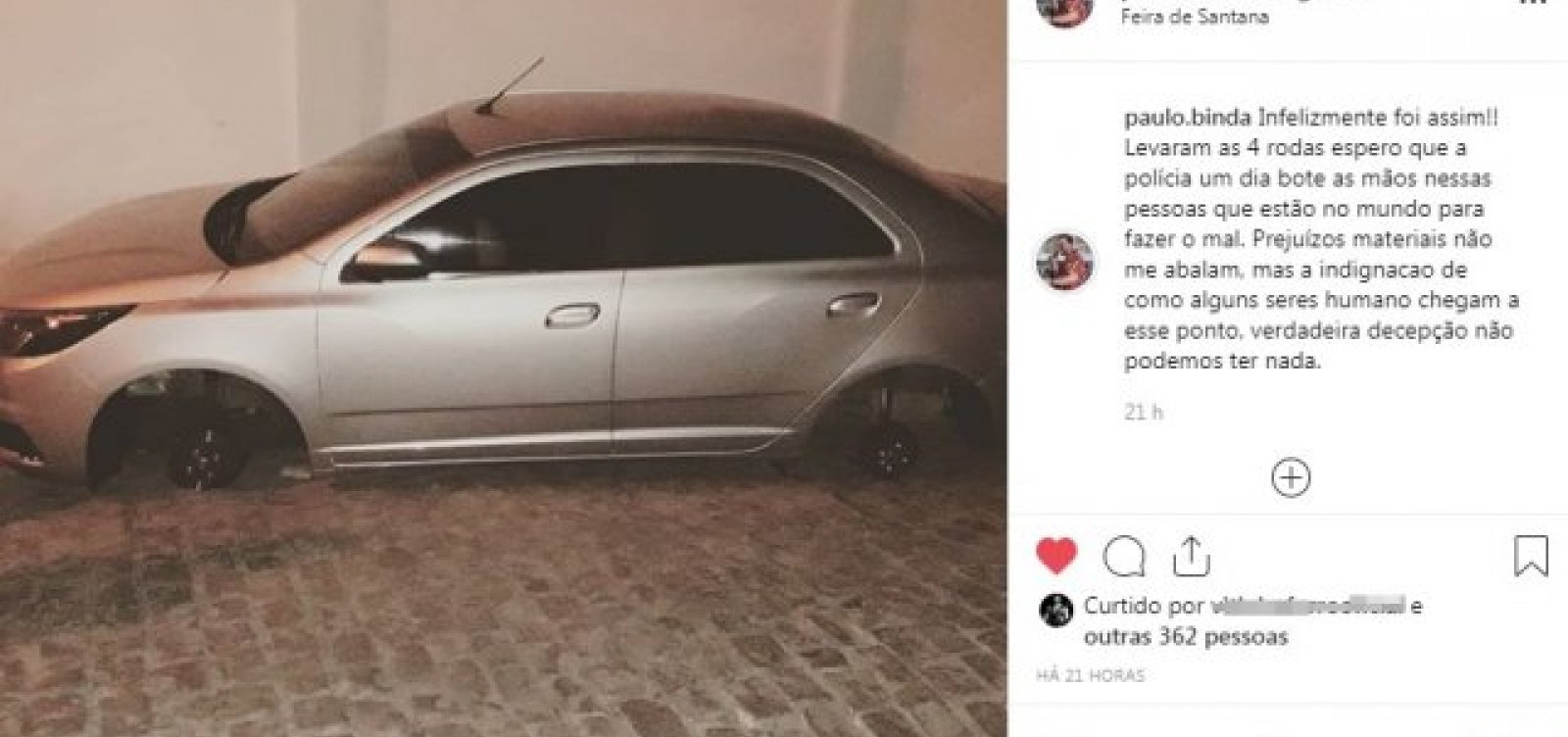Cantor tem quatro rodas do carro furtadas em Feira de Santana