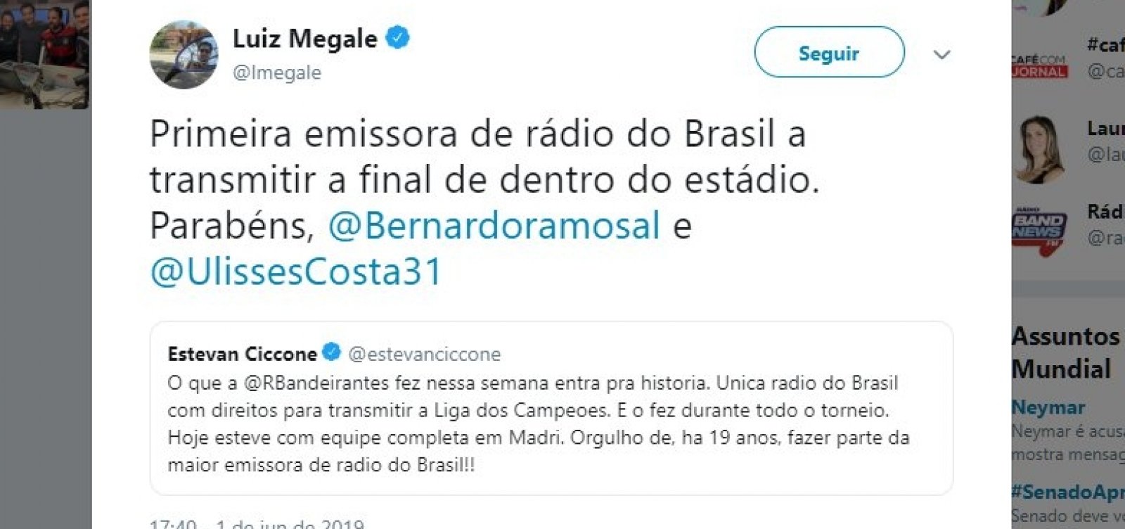 Treta: repórter da Bandeirantes passa vergonha ao falar de pioneirismo em cobertura da Champions