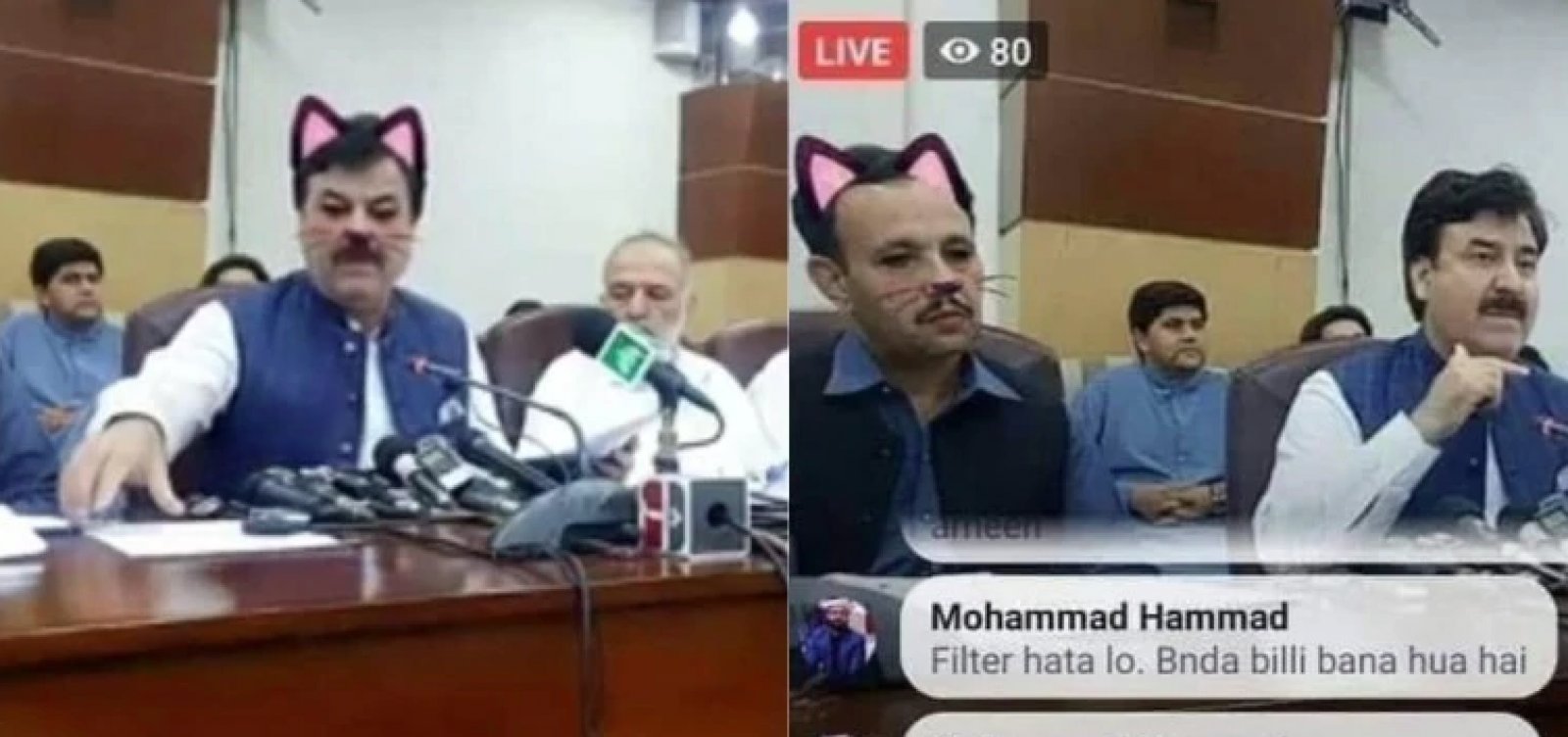 Governo do Paquistão transmite audiência com filtro de gatinho ativado